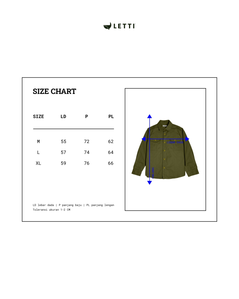 Tabel panduan ukuran M, L, dan XL untuk produk Rue Shacket Jacket LETTI.