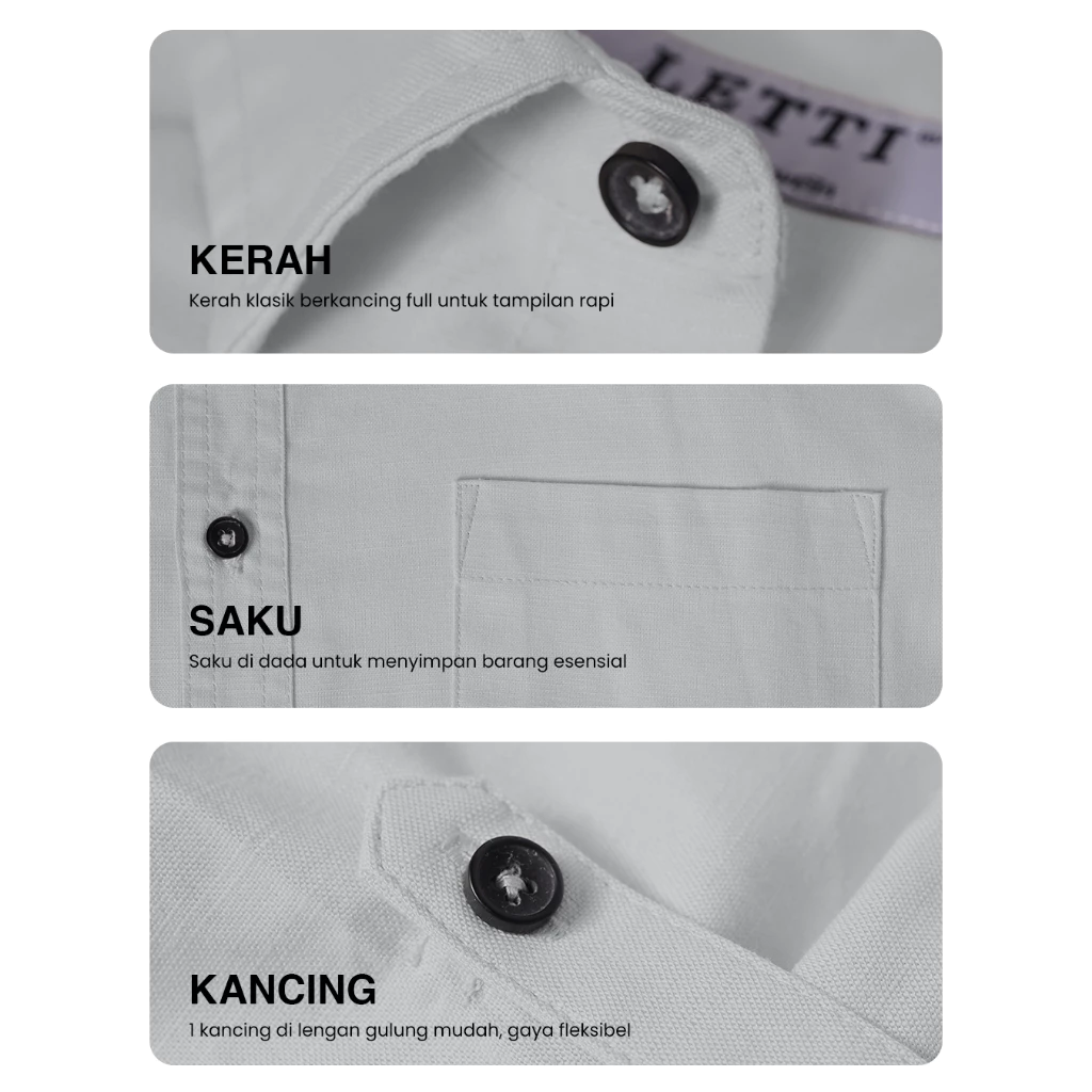 Detail tekstur bahan katun premium dan jahitan rapi pada kemeja polos LETTI.