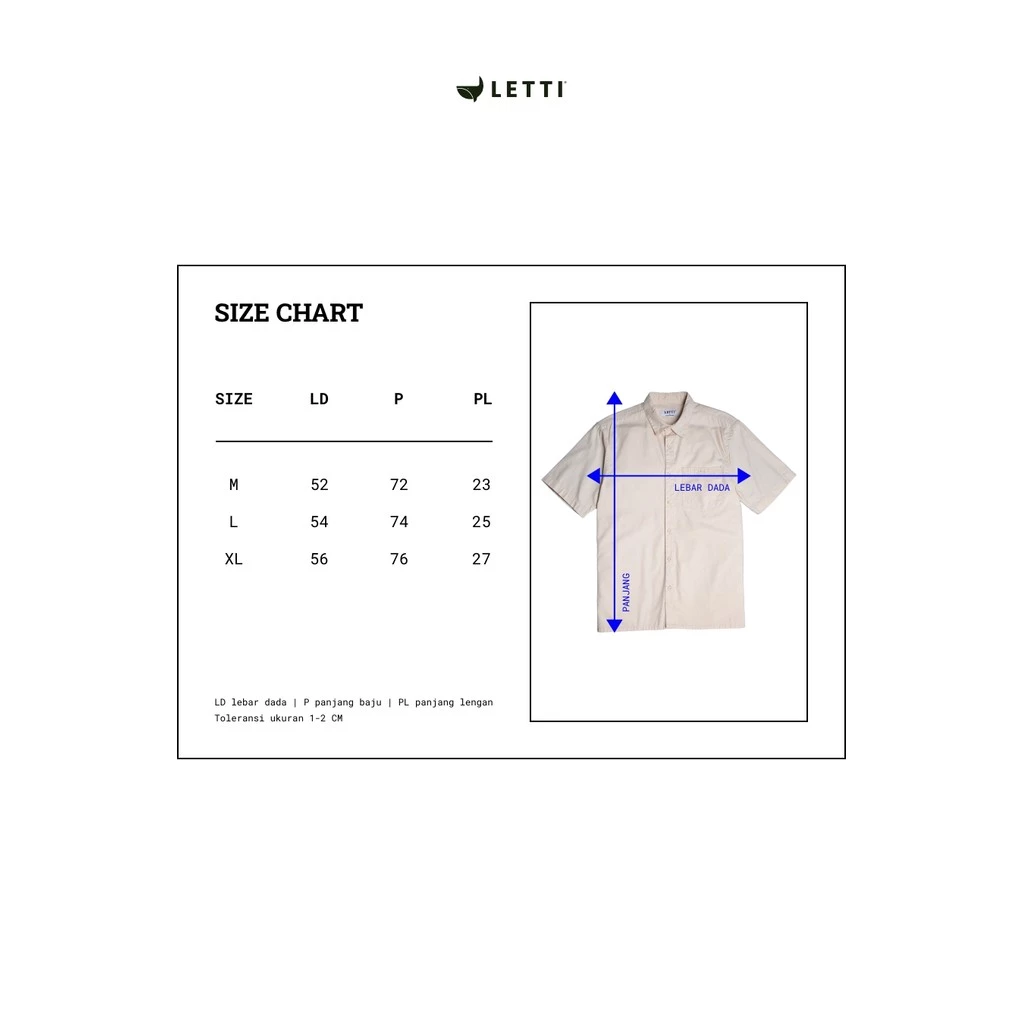 Size chart kemeja LETTI Marco Lengan pendek short sleeve